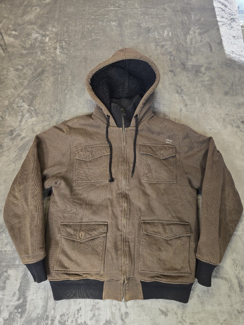 Billabong Sherpa Lined Houndstooth Full Zip Sweater Jacket Size Large Brown